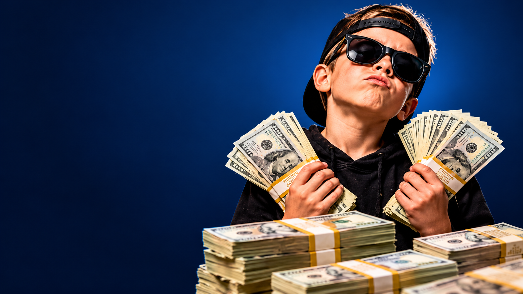 Confident kid wearing sunglasses and holding stacks of cash